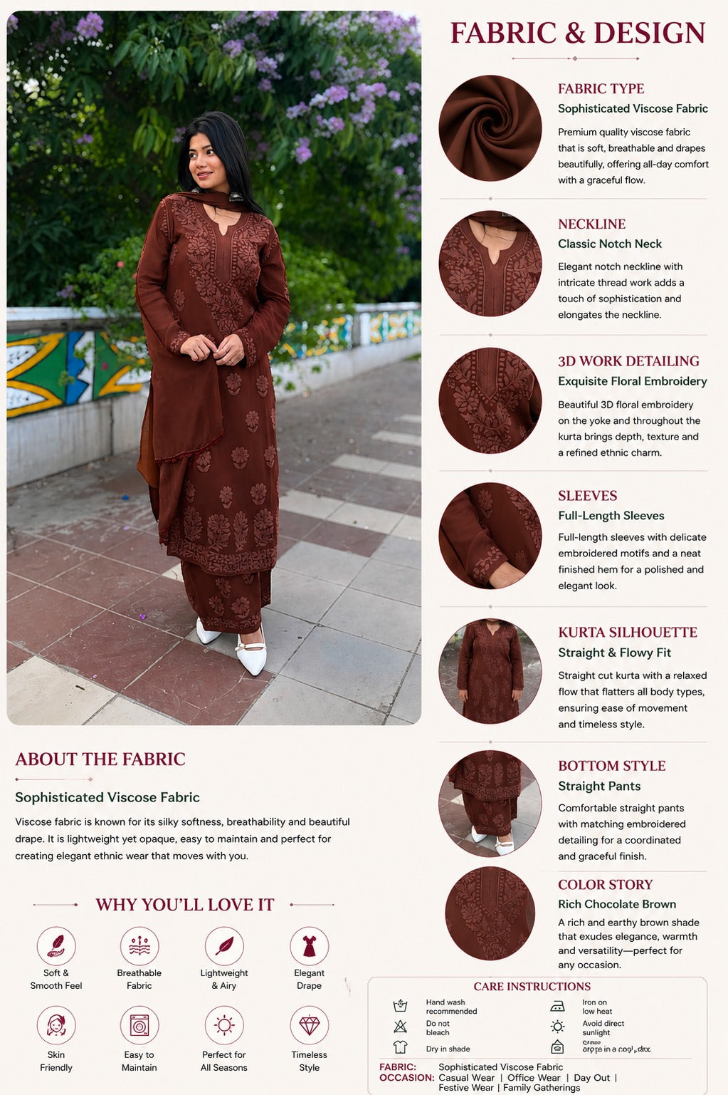 Mocha Blossom Viscose Georgette Straight Chikankari Kurta Set