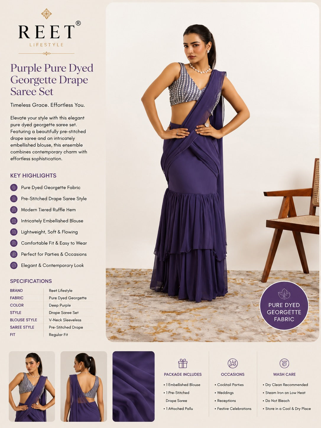 Grape Ruffle Lehenga Saree Set with Embellished Blouse