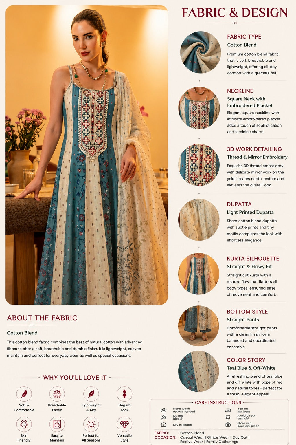 Blue Thread Embellished Cotton Blend Anarkali Set