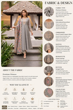 Grey Embroidered Anarkali Suit Set with Floral Dupatta