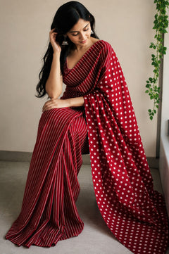 Crimson Dot & Stripe Cotton Saree