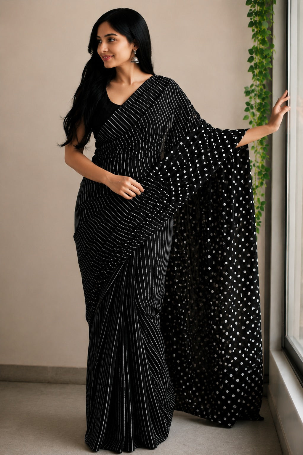 Crimson Dot & Stripe Cotton Saree
