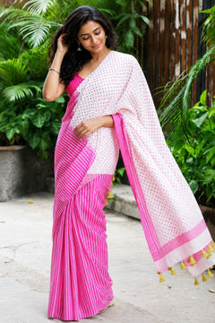 Crimson Dot & Stripe Cotton Saree