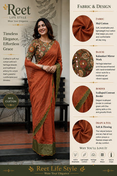 Rust Kalamkari Mirror Mul Cotton Saree with Blouse