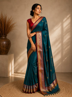 Emerald Heritage Teal Silk Saree with Rich Zari Woven Border
