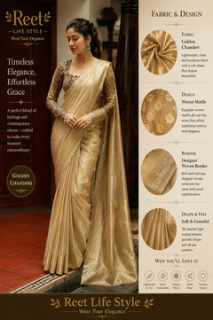Golden Chanderi Designer Saree with Ajrakh Blouse