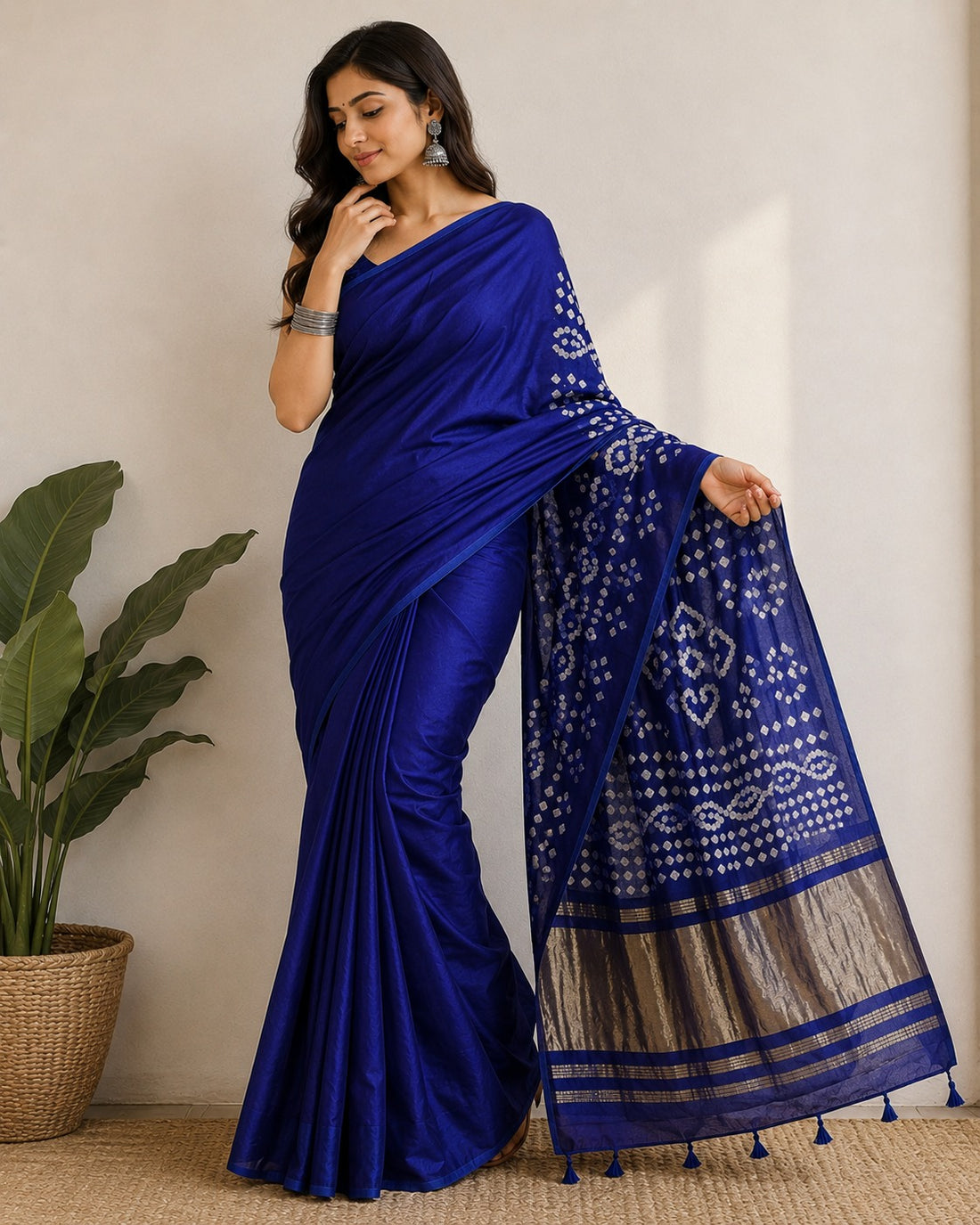 Royal Blue Golden Pallu Bandhani Silk Saree With Blouse