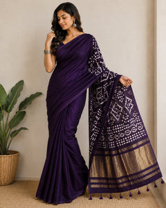 Royal Blue Golden Pallu Bandhani Silk Saree With Blouse