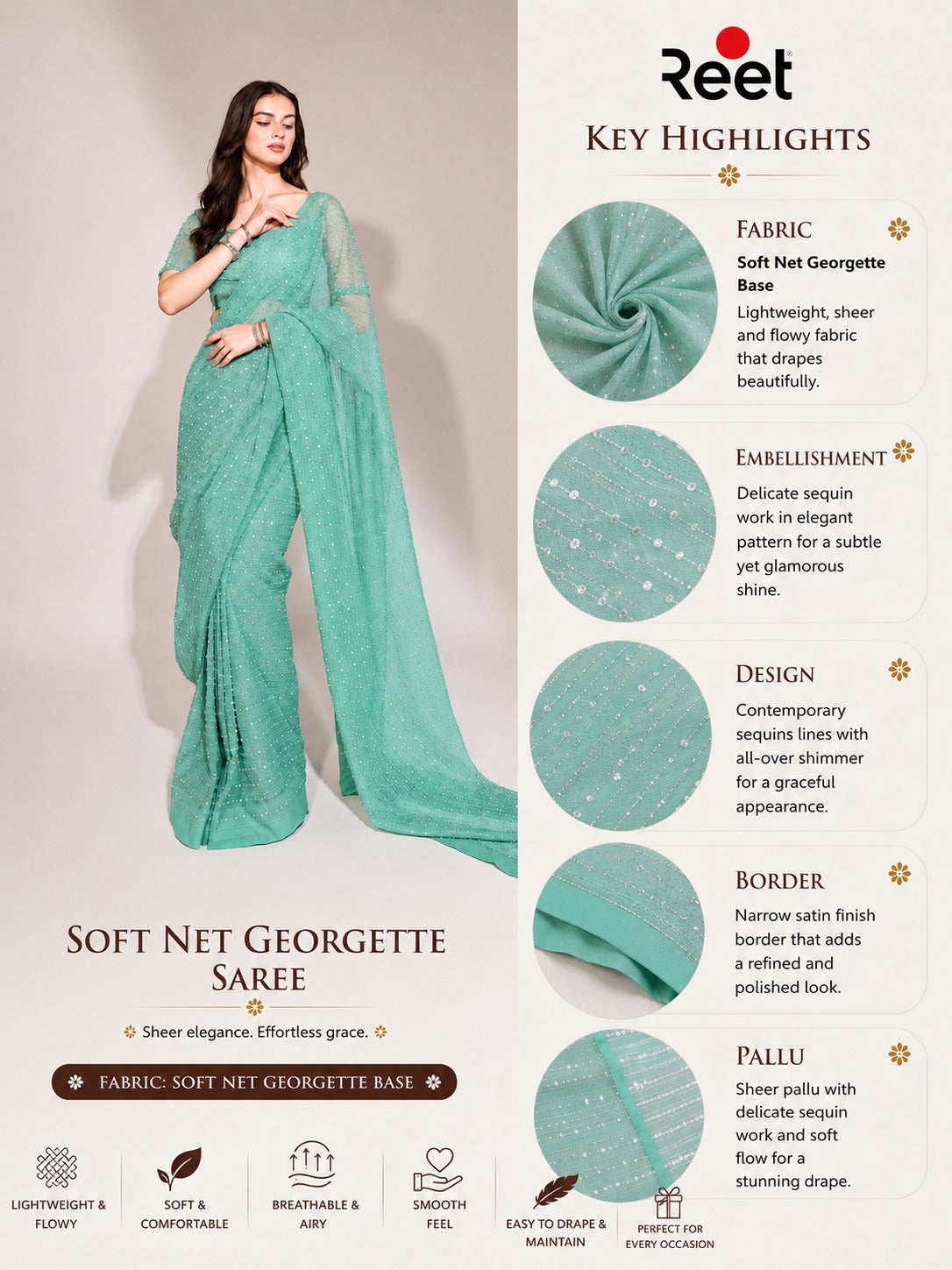 Mint Serenity Sequin Soft Net Georgette Base Saree