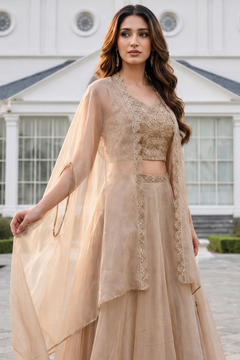 Champagne Beige Embroidered Organza Lehenga Set with Cape Dupatta