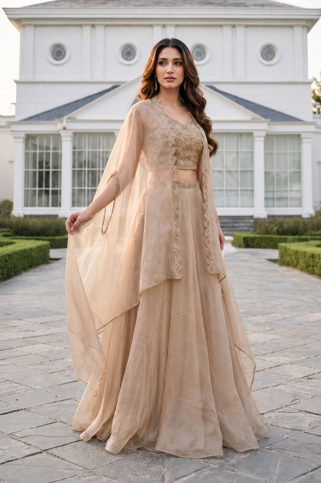 Champagne Beige Embroidered Organza Lehenga Set with Cape Dupatta