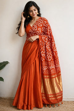 Royal Blue Golden Pallu Bandhani Silk Saree With Blouse