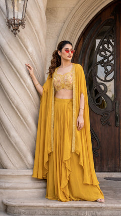 Champagne Beige Embroidered Organza Lehenga Set with Cape Dupatta