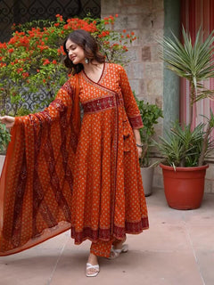 Neel Noor Ethnic Motifs Printed Angrakha Pure Cotton Anarkali Set with Dupatta