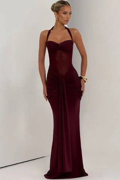 Yellow Halter Draped Evening Gown for Women