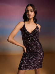 Sequin Black Purple Cowl Neck Mini Dress