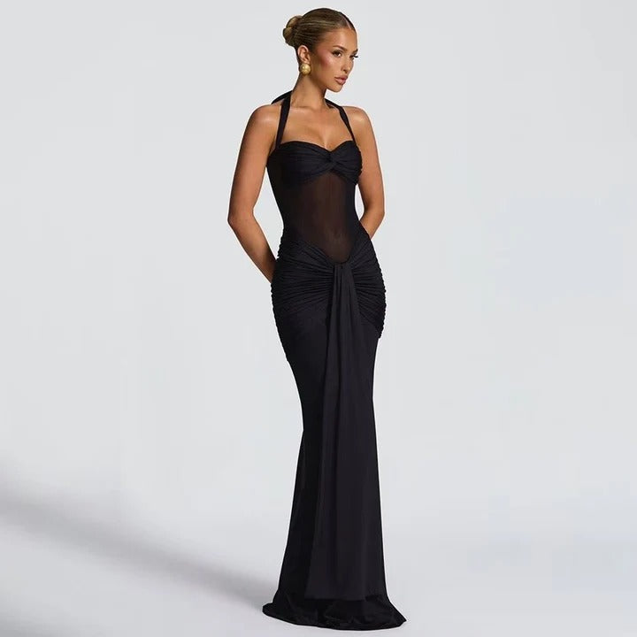 Yellow Halter Draped Evening Gown for Women