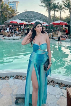 Aqua Aura Blue Flowing Evening Gown for Women