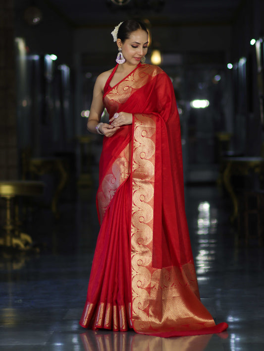Red Banarasi Handloom Silk Saree with Rich Gold Zari Border & Designer Pallu