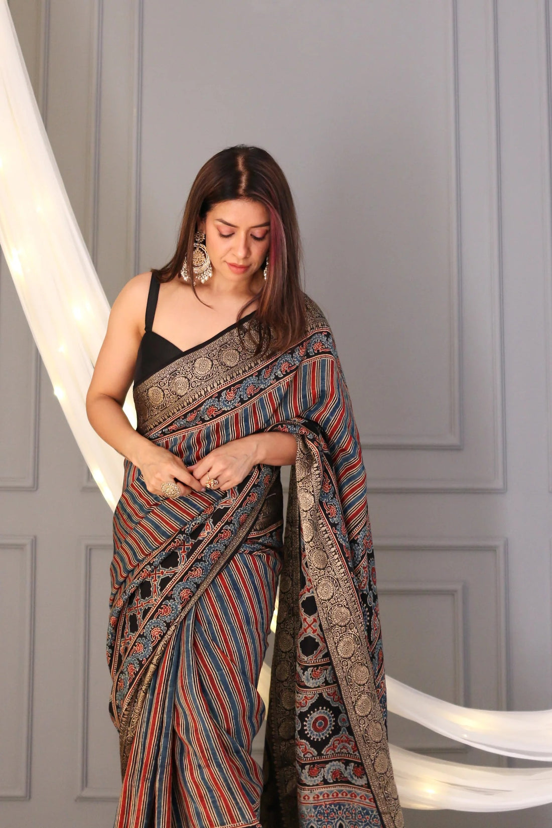 Vajrlekha Ajrakh Dola Silk Saree