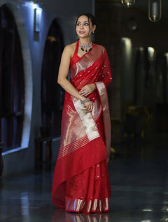 Red Tissue Saree with Silver Zari Border