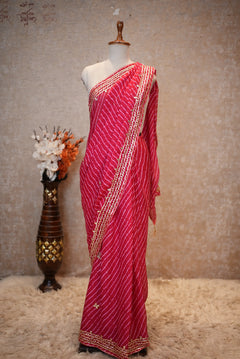 Rani Pink Leheriya Saree with Handcrafted Kacchi Gota Patti Work