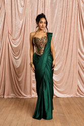 Luxe Emerald Brocade Corset Draped Saree Set