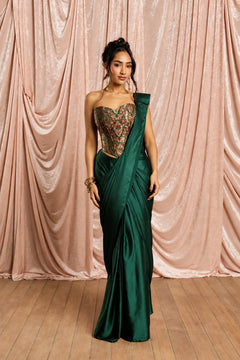 Emerald Luxe Pre-Draped Satin Saree with Embroidered Stitched Blouse