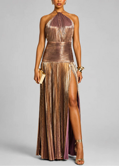 Emerald Glow Pleated Maxi Dress