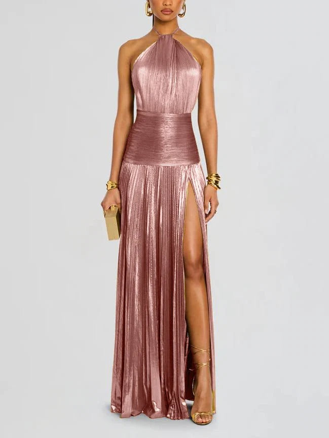 Emerald Glow Pleated Maxi Dress