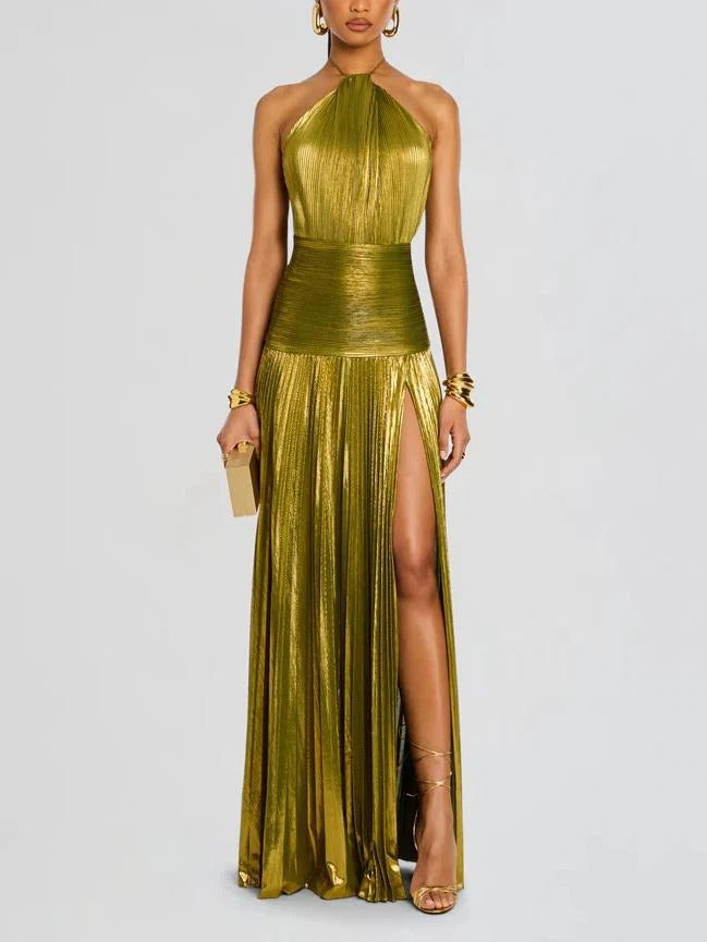 Emerald Glow Pleated Maxi Dress