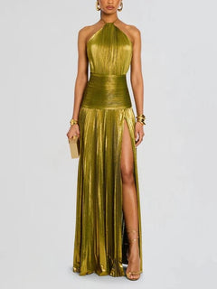 Emerald Glow Pleated Maxi Dress