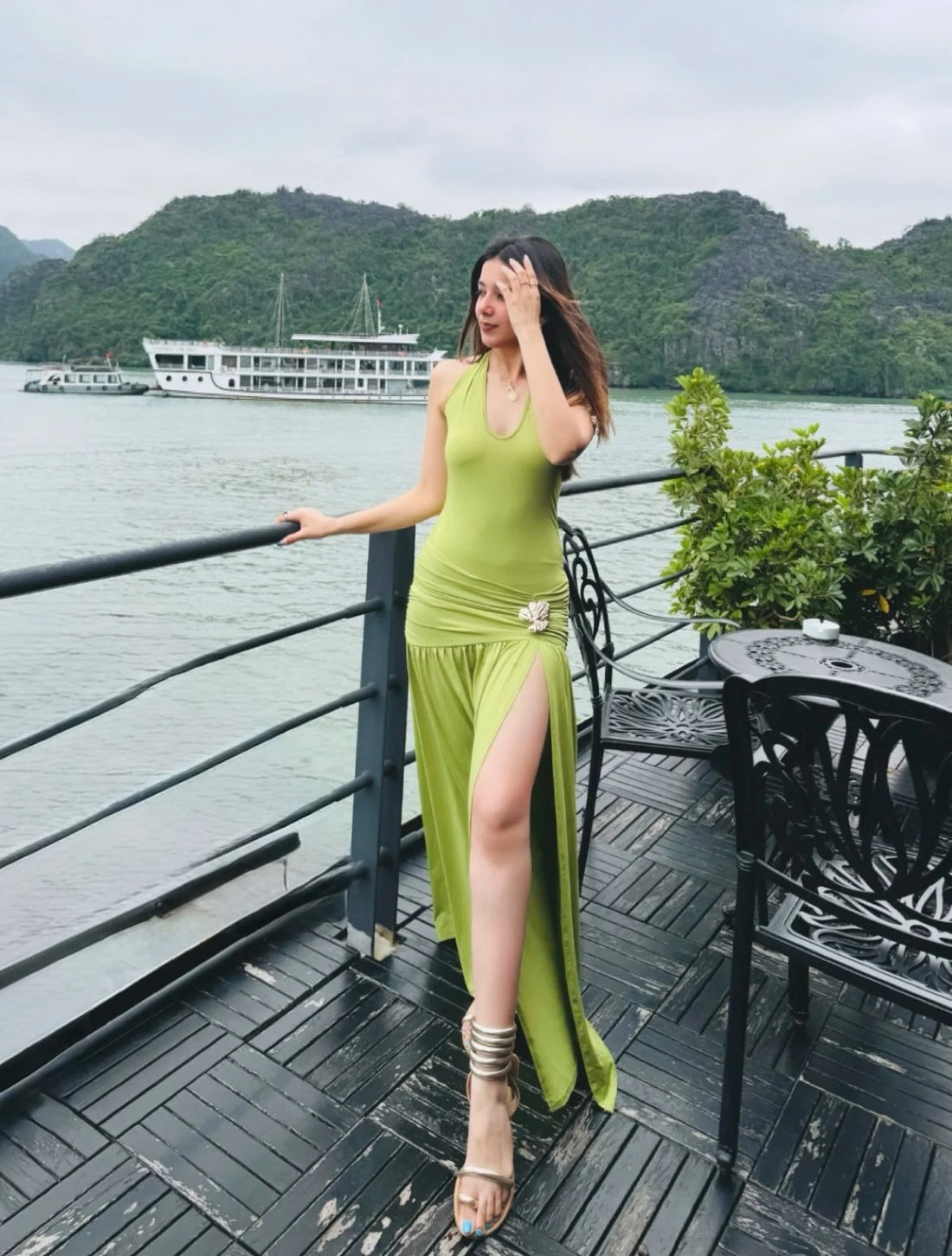 Lime Luxe Ruched Slit Maxi Dress for Women