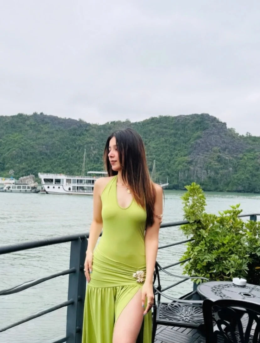 Lime Luxe Ruched Slit Maxi Dress for Women