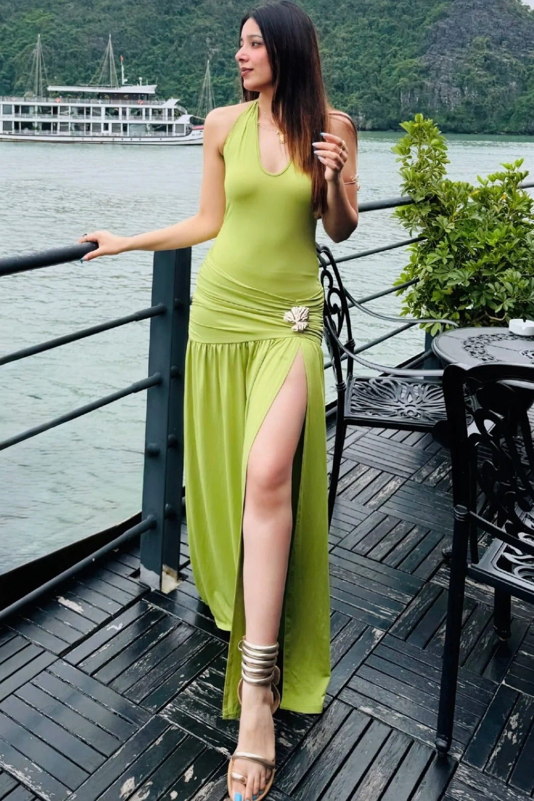Lime Luxe Ruched Slit Maxi Dress for Women