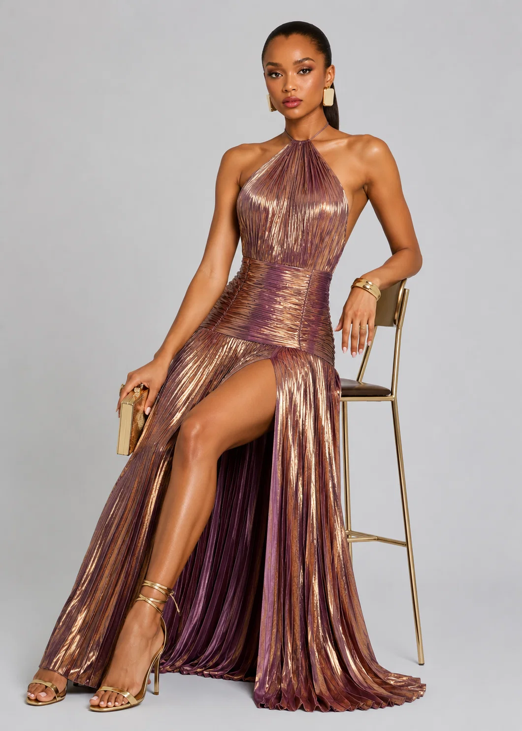 Emerald Glow Pleated Maxi Dress