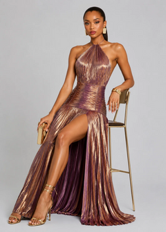 Emerald Glow Pleated Maxi Dress
