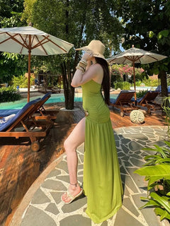Lime Luxe Ruched Slit Maxi Dress for Women