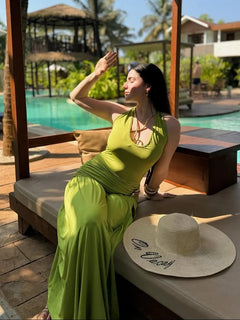 Lime Luxe Ruched Slit Maxi Dress for Women