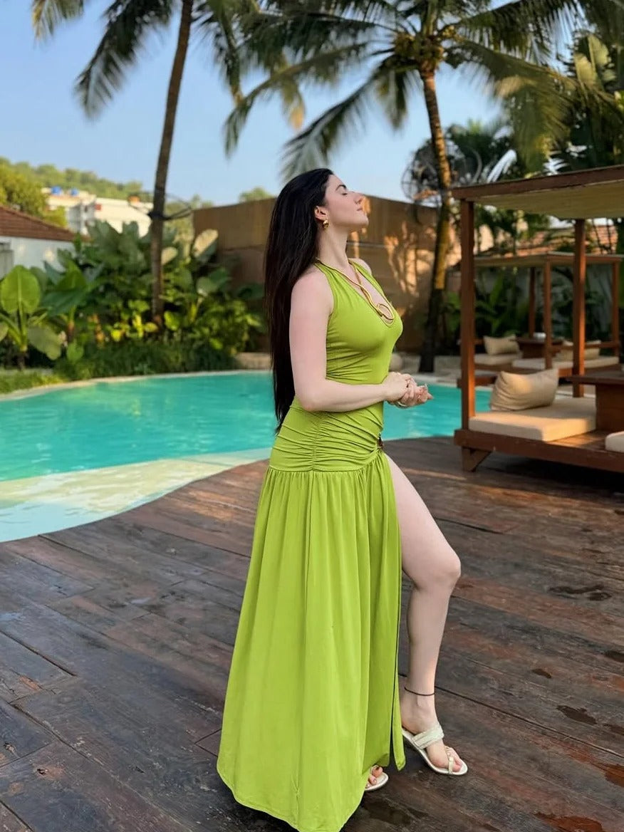 Lime Luxe Ruched Slit Maxi Dress for Women