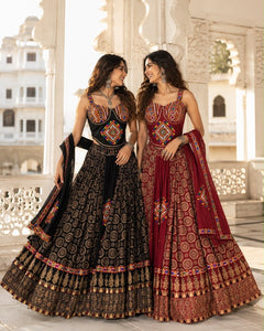 Ajrakh Tiranga Pure Camric Cotton Gamthi Work Lehenga