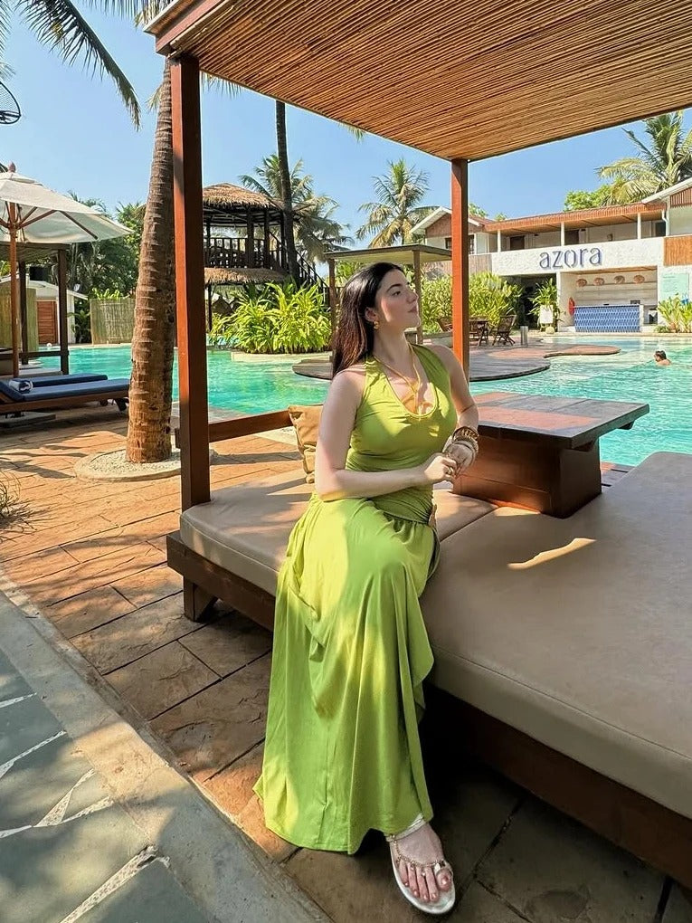 Lime Luxe Ruched Slit Maxi Dress for Women