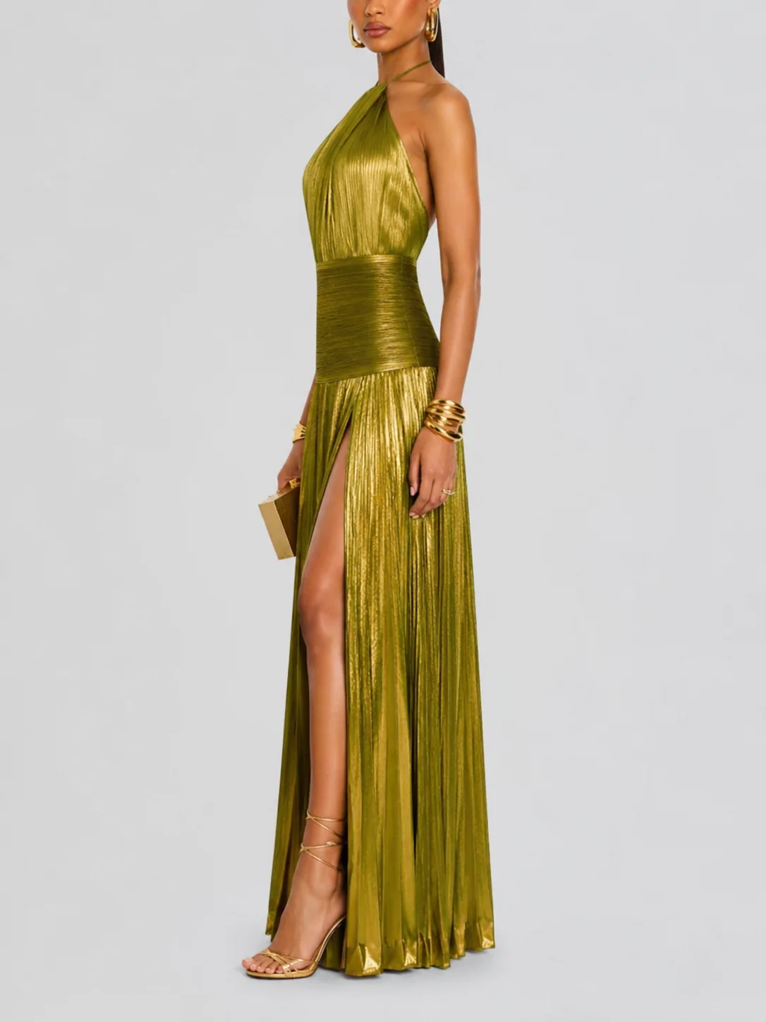 Emerald Glow Pleated Maxi Dress