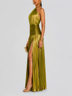 Emerald Glow Pleated Maxi Dress