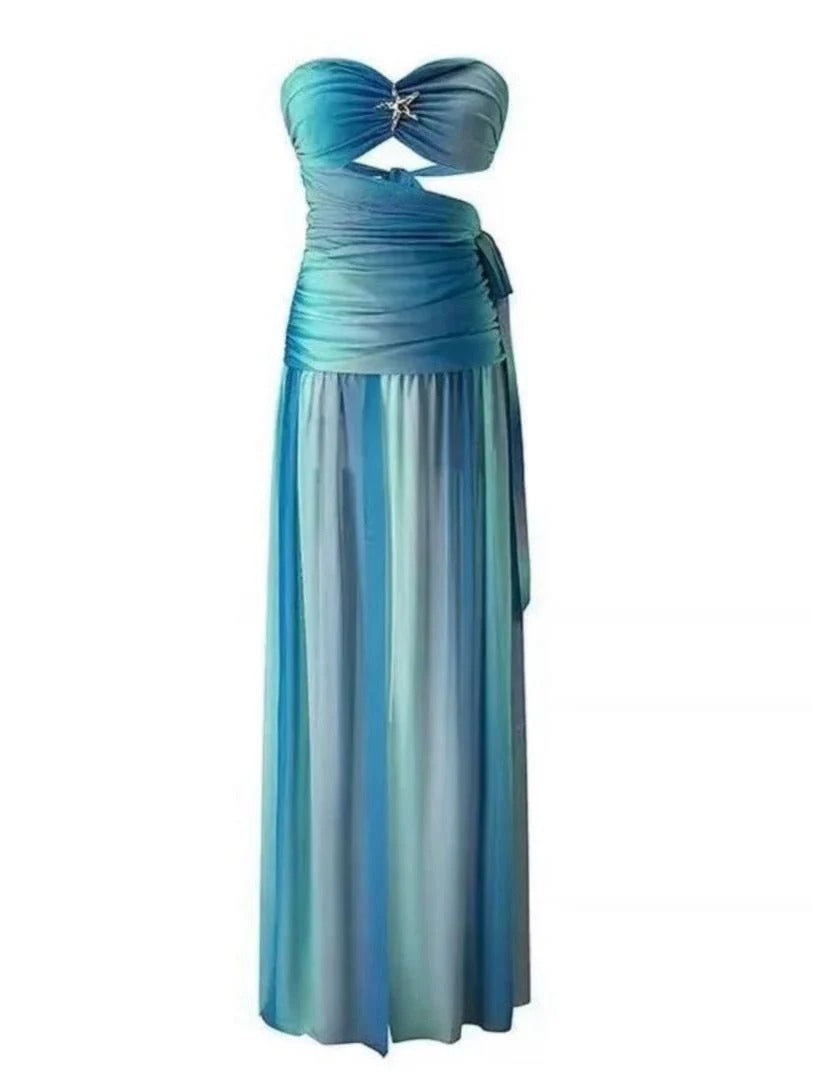 Aqua Aura Blue Flowing Evening Gown for Women