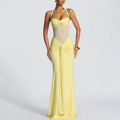 Yellow Halter Draped Evening Gown for Women