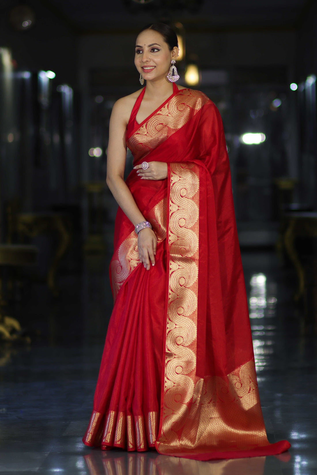 Red Banarasi Handloom Silk Saree with Rich Gold Zari Border & Designer Pallu
