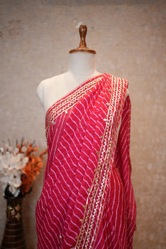 Rani Pink Leheriya Saree with Handcrafted Kacchi Gota Patti Work