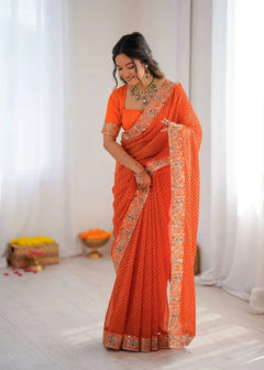 Orange Bandhani Ready-to-Wear Saree with Embroidered Border