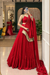 Rang-Riwaayat Red Bandhej Satin Chiffon Navratri Lehenga Set